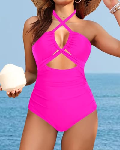 Image of Tempt Me Women Sexy Cutout One Piece Swimsuits Tummy Control High Waisted Halter Front Tie Knot Bathing Suit