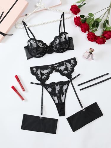 Image of Lilosy Sexy Leaf Floral Embroidered Mesh Sheer Women Underwire Push Up Lingerie Set