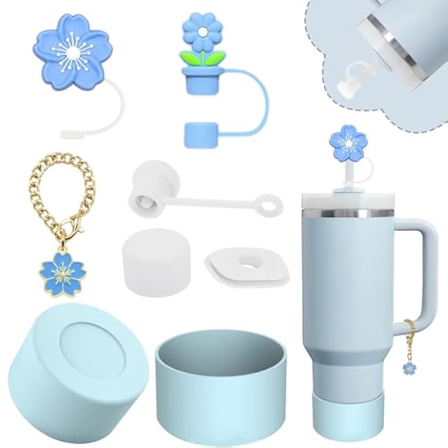 Stanley Cup Accessories Set,Including 2 Pcs 0.4in Straw Cover, 1 Silicone Spill-Proof Stopper Set of 3, 1 Cute Flower Handle Charm, 1 Silicone Boot Fits Stanley 40&30 Oz Tumbler (Cream)