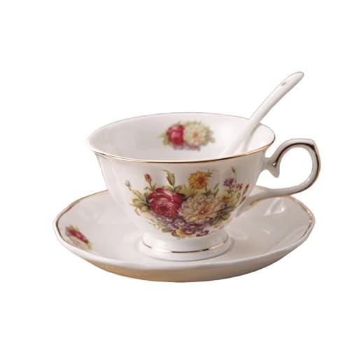 コーヒーカップ ソーサー セット ティーカップ セラミック アフタヌーンティー コーヒー 紅茶 ラテ カプチーノ 朝食 ホームパーティー レストラン エレガントな花柄 陶器 ディスプレイスタンド付きゴールドハンドル おしゃれ 人気 ギフト ソーサーとスプー