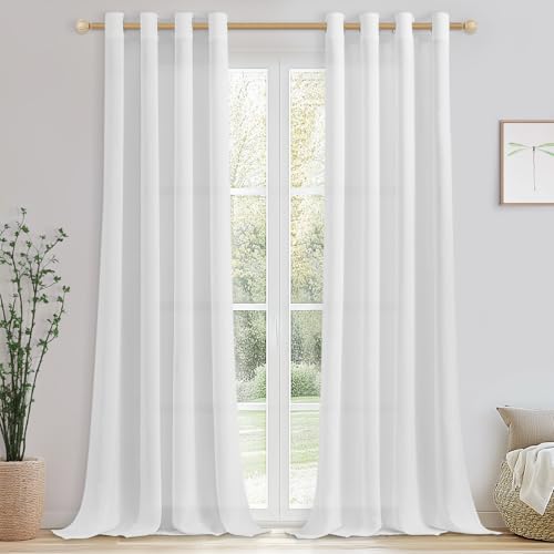 CUTEWIND Rideaux Voilages Intérieurs Blanc Effet Lin Translucide à Oeillets 140x300 CM, Voilage Fenetre Rideau Voile Blanc pour Salon Moderne Porte Fenetre...