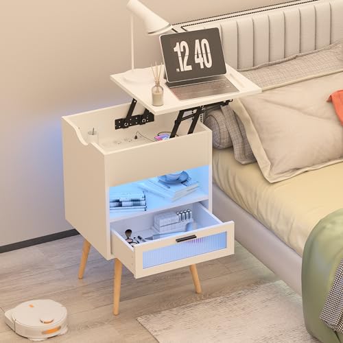 JoliJour Mesita de Noche con Luz Led,Mesitas de Noche con Bandeja Elevable Reversible,Mesita Noche con Estación Carga y Puerto USB,Mesita de Noche Ajustable de 20 Colores,con 1 Cajones,45*39*70-87CM
