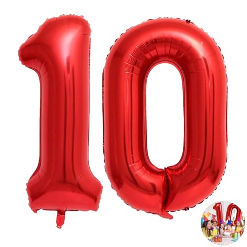 10th Birthday Balloons For Girls Boys, Giant Balloon Number 10 Red, Helium Foil Mylar Big Number Balloons, For Birthday Party Anniversary Supplies Decorations