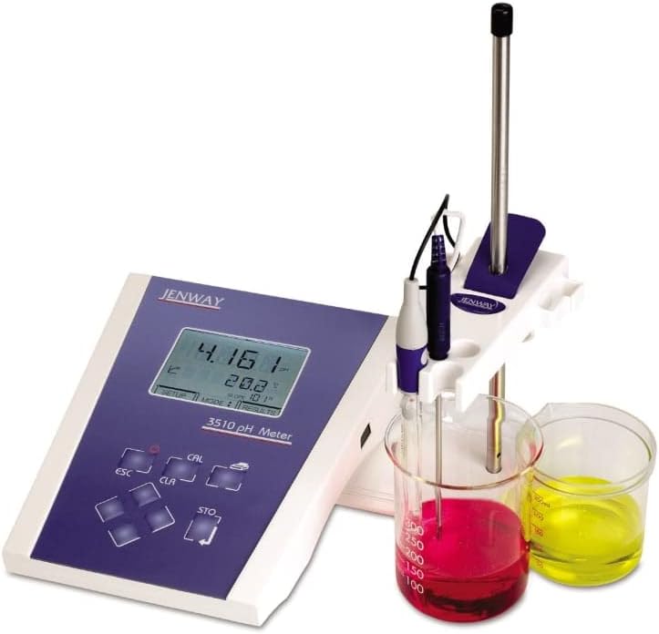 Jenway 351001 Benchtop pH Meter, Model 3510 supplied with pH electrode stand and holder ATC probe BNC shorting plug pH4 7 and 10 buffer sachets and UK power supply