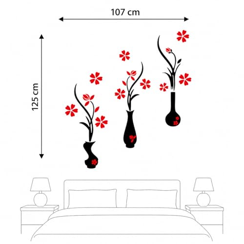 Image of DreamKraft Black Vase Red Floral Wall Sticker, Large PVC Vinyl Flower Vase Wall Decal for Bedroom, Living Room and Hallway Decor, 107 x 125 cm