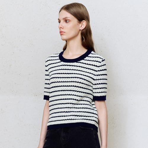 Image of URBAN REVIVO Women's Short Sleeve Sweaters Crewneck Knit Tops Casual Striped 2025 Trendy Soft Summer Blouses