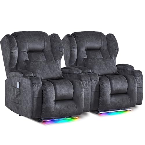Image of DRMBOOK Power Recliner Chair, Electric Wall Hugger Reclining Sofa with Massage & Heat, Overstuffed Movie Theater Seating with LED /USB Port /Cup Holders for Living Room (Velvet Grey, 2 Chairs)