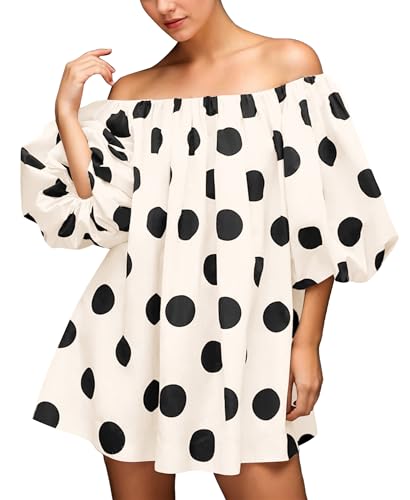 Summer Off The Shoulder Polka Dot Mini Dress Puff Sleeve Baggy Flowy Cute Babydoll Dress Casual Loose Short Dresses