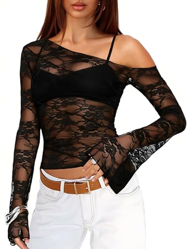 Off The Shoulder Coquette See Through Sheer Mesh Lace Tops for Women Long Sleeve Going Out Tops Club Rave Outfits