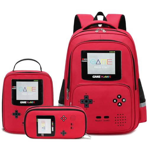 Backpack for Boys Backpack for Kids Students School Bookbag For Elementary Middle School Bag Ages 6-18 17″ Video Game Bookbag (Red-set)