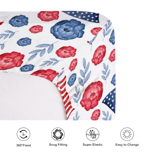 Image of American Flag Blue Red Floral Baby Crib Sheets for Boys Girls 52 inchx28 inch Patriotic 4th of July Independence Day Soft Breathable Toddler Nursery Bed Sheet for Standard Crib and Toddler Mattresses White