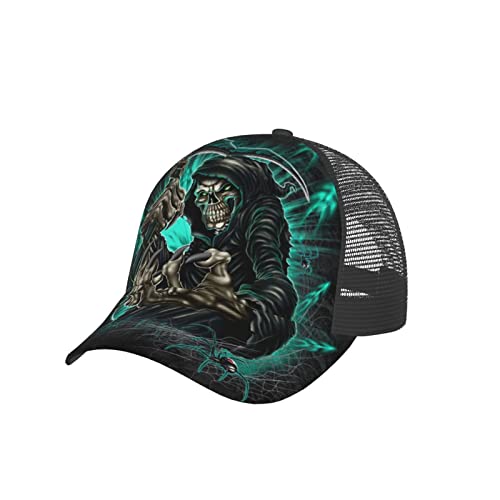 Grim Reaper Death Skeleton Spider Gorra de béisbol para hombres y mujeres Verano Malla Ala Gorras Trucker Cap Papá Sombreros