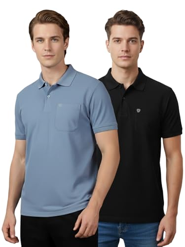 Image of Lux Cozi Men's Cotton Blend Polo T-Shirt with Chest Pocket | Collar T-Shirts for Men | Half Sleeves | Plain - Regular Fit (Pack of 2)