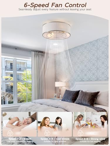 Image of 20 inch Silver Caged Ceiling Fans with Lights, Boho Flush Mount Ceiling Fan with Light and Remote, Bladeless with 6 Speeds for Bedroom, Nursery, Living Room