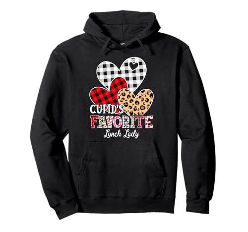 Cupid's Favorite Lunch Lady Hearts Leopard Plaid Valentines Pullover Hoodie