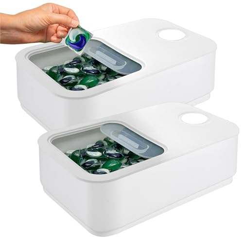 Skywin Laundry Pod Container with Slide Lid (White) -15”x8.7”x4.5”- Holds 11 Pounds, Fits 2 Bottles of Laundry Detergent or 120-150 Pods- 2 Pack Laundry Pod Storage Container for Laundry Room