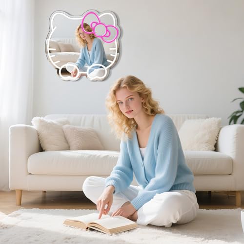 Image of Hello Kit Vanity Mirror with Lights, Pink Room Decor for Girls, Neon Sign Led Wall Mirror with Base Suitable for Desktops, Wall, Bedrooms Decor, Children'S Favorite Anime Neon Mirrors with Dimmable