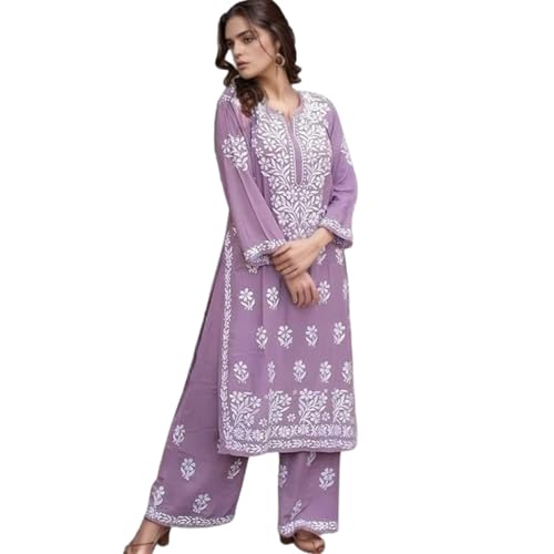 Image of Women's Cotton Blend Lucknowi Embroidered Chikankari Straight Kurta with Pant Set
