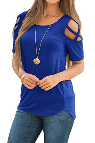 Adreamly Women's Casual Summer Short Sleeve Loose Strappy Cold Shoulder Tops Basic T Shirts Blouses Royal Blue Large