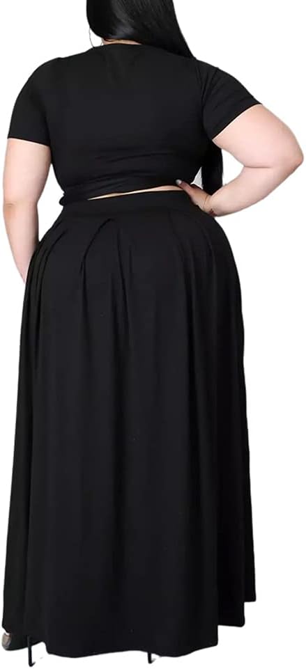 Ophestin Womens Plus Size 2 Piece Dress Outfits Solid Color Crop Top Maxi Skirts Set - Image 3
