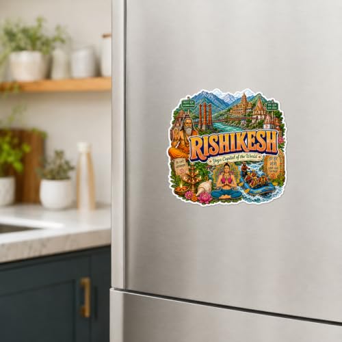 Image of Zesta Wooden Fridge Magnets Set | Refrigerator Decor Magnets for Kitchen | India Souvenir Fridge Magnet Collection | Wooden Magnet for Fridge Door Decoration (Rishikesh)