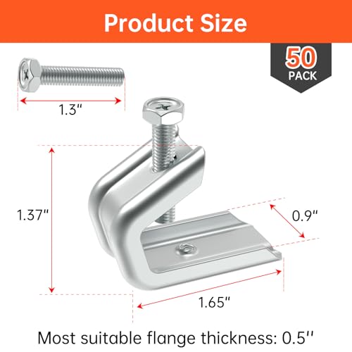 Image of 1 /4 inch x 20 Beam Clamp for Threaded Wire Ring, Zinc Plated Steel Beam Clamp with Harden Point Screws for 1 /2 inch Flanges 50 Pack