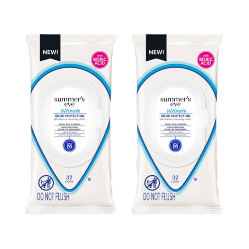Summer’s Eve Ultimate Odor Protection Feminine Cleansing Wipes, Daily Intimate Cloths, with Boric Acid Complex, pH Balanced, Removes Odor, 32 Count (Pack of 2)