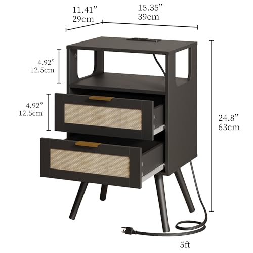 Image of JOONEE Rattan Nightstand with Charging Station,Farmhouse Bedside Table with 2 Storage Drawer and Open Wood Shelf, for Bedroom and Small Spaces,Night Stand with Solid Wood Legs (Black-Outlet)