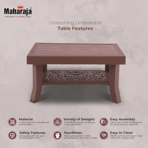 Image of Maharaja Double Top Center Table with Wooden Texture Finish | Heavy Duty Plastic Multi-Utility Table with Storage Shelf | Load Capacity up to 200 kg | for Living Room, Office & Dining Area (Brown.)