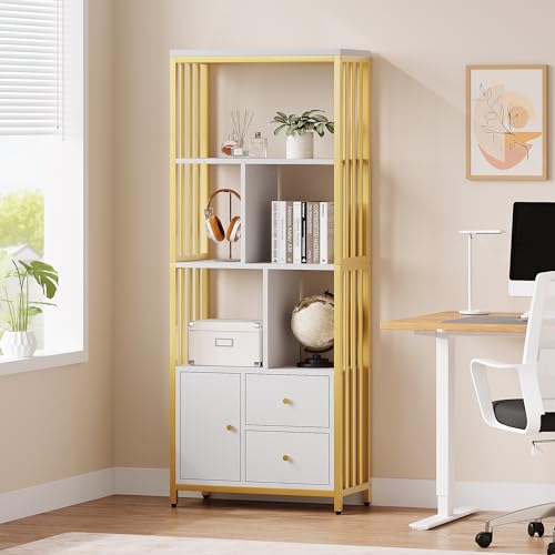 GarveeHome 4-Tier Gold Bookcase w/ 3 Drawers, 62" White Gold Bookshelf with Door and Metal Frame, Floor Standing Display Storage Cabinet for Office Living Room