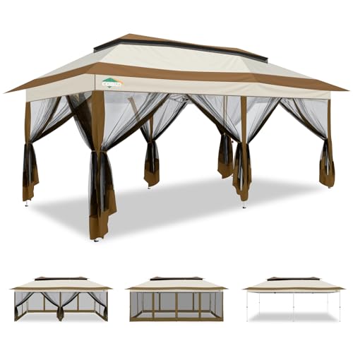 Image of COBIZI 12x20 Pop up Canopy Tent - Gazebo, Party Tents for Parties, Carpas para Fiestas, Large Outdoor Popup Patio Screened Gazebos, Shelter Tents with Net for Backyard, Commercial,Brown