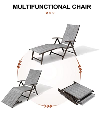 Crestlive Products Folding Patio Chaise Lounge Chair For Outside, Aluminum Adjustable Outdoor Pool Recliner Chair, Brown Frame, 8 Positions (2Pcs Dark Gray Lounge Chair With 1Pc Table) #TOP6