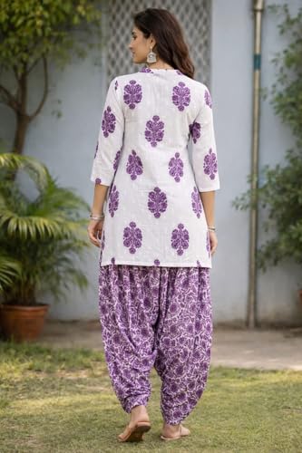 Image of Women's Cotton Floral Print Kurta Patiala Pant Set, White and Purple Traditional Indian Ethnic Wear with Damask Pattern
