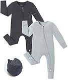 JunNeng Viscose from Bamboo Sleeper with Mittens, 2 Way Zipper Baby Boy Pajamas, Non Slip Sleep'N Play Romper Gray+Silver 0-3 Months