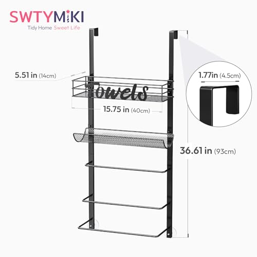 SWTYMIKI Over Door Towel Rack - 5-Tier Wall Mounted Towel Holder Storage Organizer with Metal Shelf for Bathroom, Black
