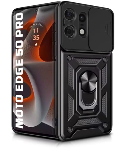 Image of WOW IMAGINE Tough Armor Bumper Mobile Back Case for Motorola Moto Edge 50 Pro | Sliding Camera Shield Cover | Shock Proof 360 Protection | Hybrid PC + TPU | Ring Holder with Kickstand - Black