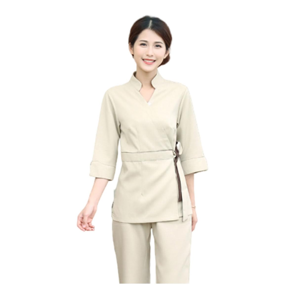 Uniforme de Salón de Belleza de 2 Piezas para Mujer Beige | Algodón y Poliéster, Manga Larga Simple y Cómoda, Fácil de Poner y Quitar