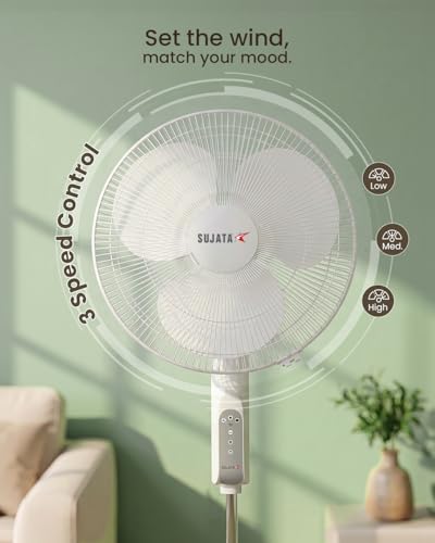 Image of Sujata BLDC Pedestal Fan with Remote | 2 Year Warranty | Stand Fan, 400mm Sweep, 1350 RPM | 100% Copper Winding, Silent Operation with Oscillation, Ideal for Home & Offices (Greenova Air - White)