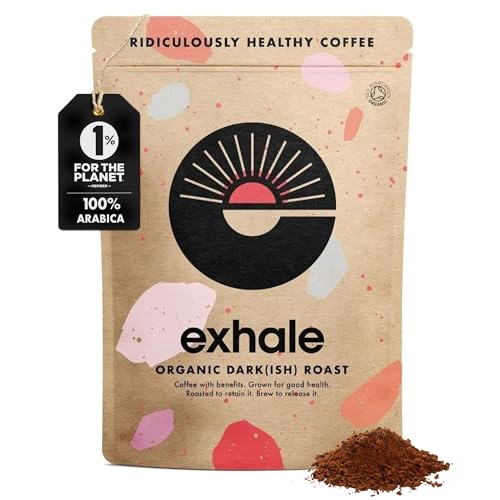 EXHALE Organic Ground Coffee - 450G PACK - Mycotoxin Free Single Origin and 100% Arabica Beans. For Cafetiere Filter or AeroPress (Dark Roast)