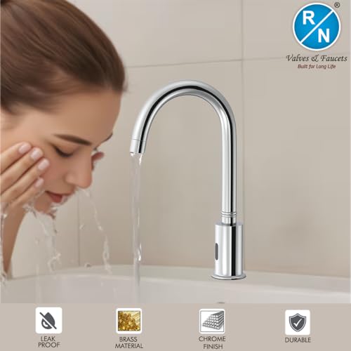 Image of RN Automatic Touchless Sensor Faucet for Wash Basin, Motion Sensor Bathroom Sink Tap, Hands-Free Smart Faucet with Chrome Finish, Water Saving Kitchen & Bath Fixture (Swan Neck Sensor)