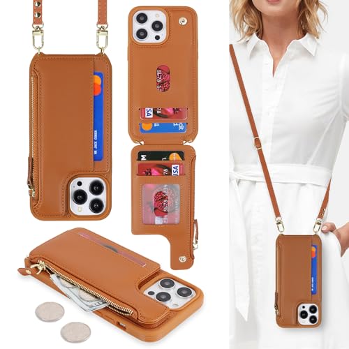 Cavor for iPhone 14 Pro Case with Card Holder,iPhone 14 Pro Wallet Case for Women,Phone Case iPhone 14 Pro Case with Strap,Crossbody Lanyard and Wristlet,Leather Zipper Pocket Case-Brown