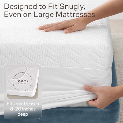 Image of Side-Shield Waterproof Mattress Protector King - 6-21 inch Deep Pocket with Leak-Proof Edge Protection - Noiseless & Cooling Soft-Touch Viscose Made from Bamboo - Machine Washable (White)