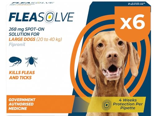 Dog Flea Treatment Large Dog x 6 - Spot on Flea Treatment for Dogs Large 20-40 kg - FleaSolve 6 Pipettes 6 Doses - Effective Spot-On Treatment