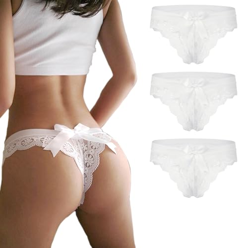 Image of sasiga Women Lace Bow Thongs,T Back Low Waist Panties Sexy V-Shape Design Floral Lace,Breathable Panties for Women 3-Pack
