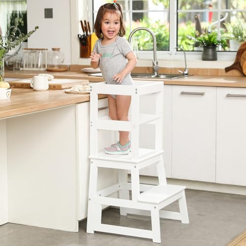 Kids Kitchen Step Stool with Safety Rail, Solid Wood, White