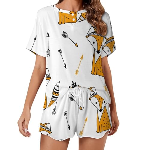 Pyjama court pour femme ensemble avec imprimé renard ethnique en tissu léger d'été
