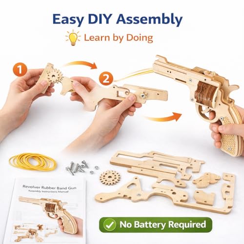 Image of Wooden Rubber Band Gun Toy DIY STEM Building Kit for Kids 8+ | Safe Educational Revolver Model | Learning & Creativity Toy(Revolver Rubber Band Gun)