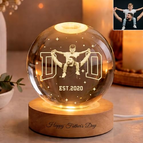 Image of Custom Dad Photo Crystal Ball Light, Fathers Day Gift from Kids, New Daddy Gift, Best Daddy Ever Keepsake Light, Grandpa & Kids Portrait Globe