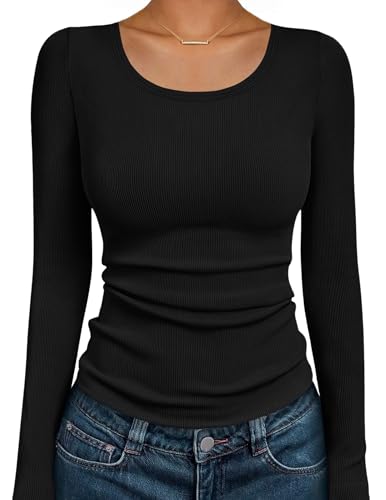 Ekouaer Women 2025 Fall Clothes Black Long Sleeve Shirts Ribbed Knit Fitted Basic Tee Going Out Tops Undershirts Casual Outfits M