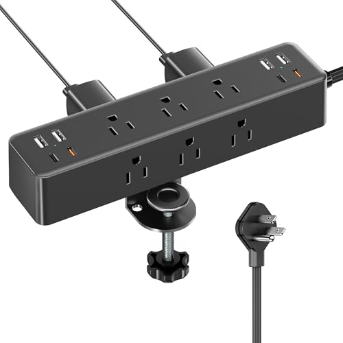 Image of Flat Plug Desk Clamp Power Strip 15FT, 40W Total Fast Charging Station, Dual PD 20W USB C Ports, Desk Edge Mount Power Strip 9 AC Outlets 8 USB Ports(4 USB C) Surge Protector, Fit 1.7 inch Tabletop Edge